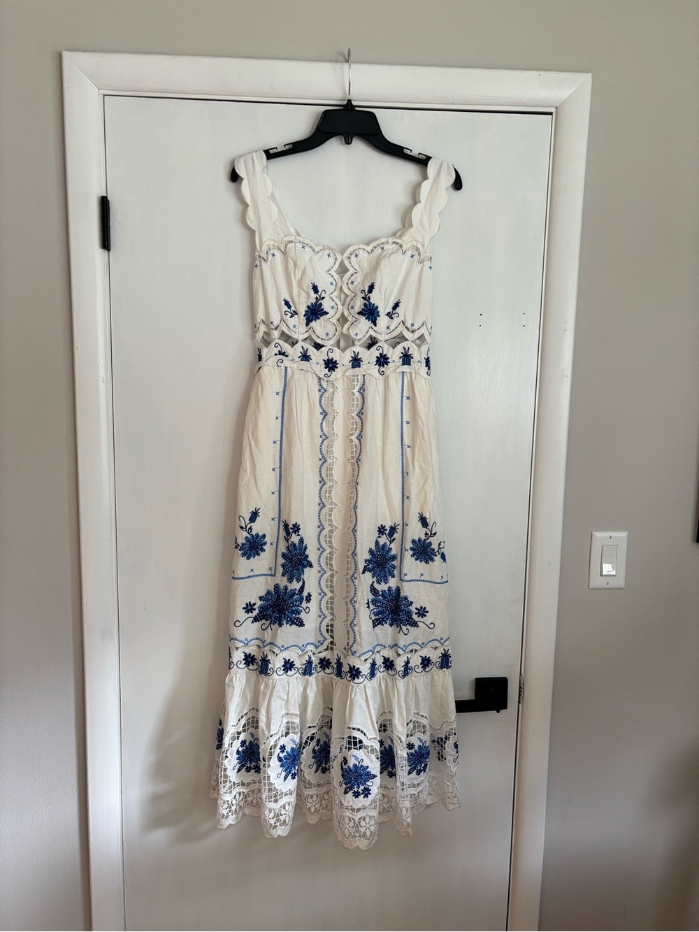Farm Rio Cross Stitch Richelieu Sunflower Midi Dress white and blue sundress - Picture 5 of 10
